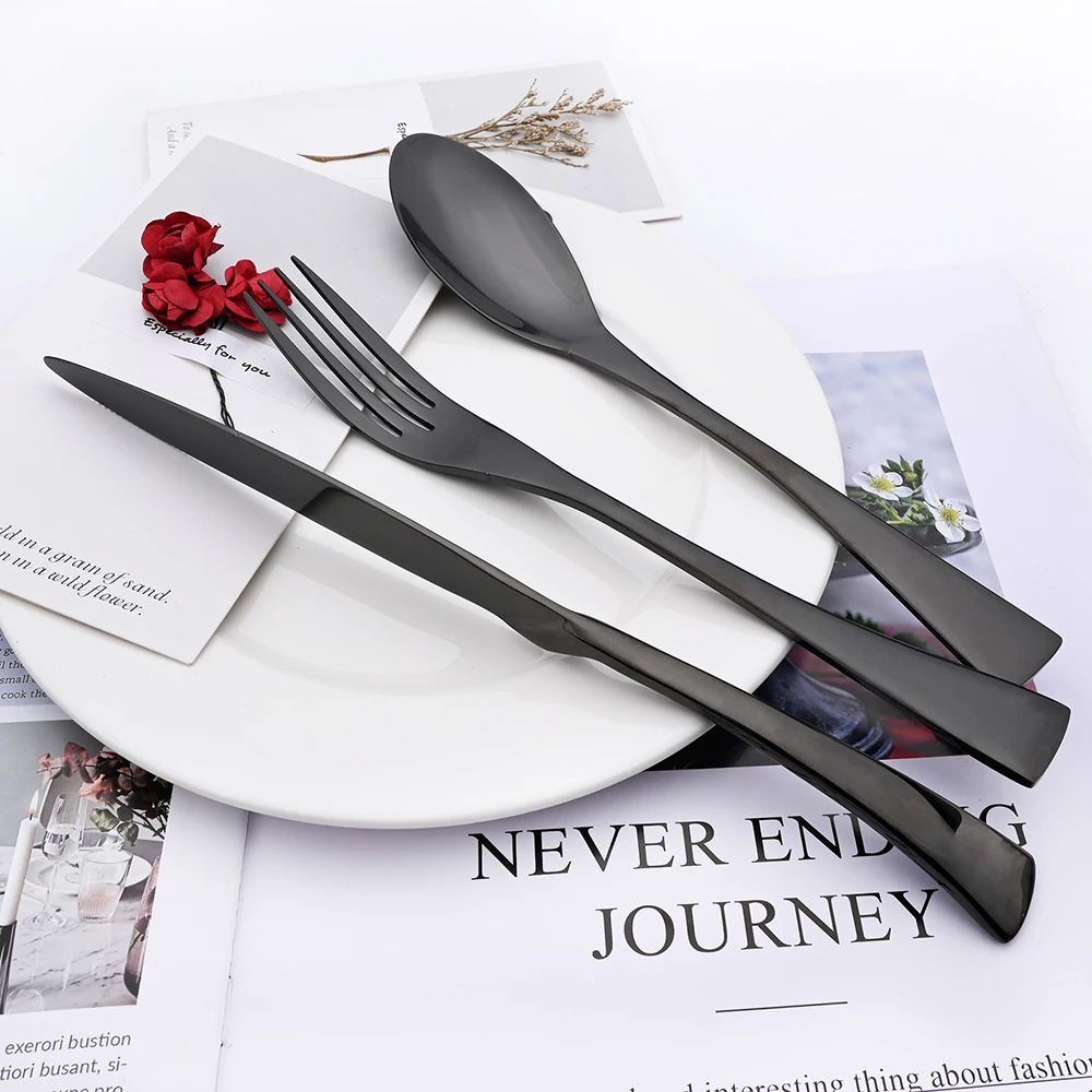 5Pcs Mirror Black Dinnerware Cutlery Set Stainless Steel Silverware Steak Knife Dessert Fork Spoons Flatware Tableware Set