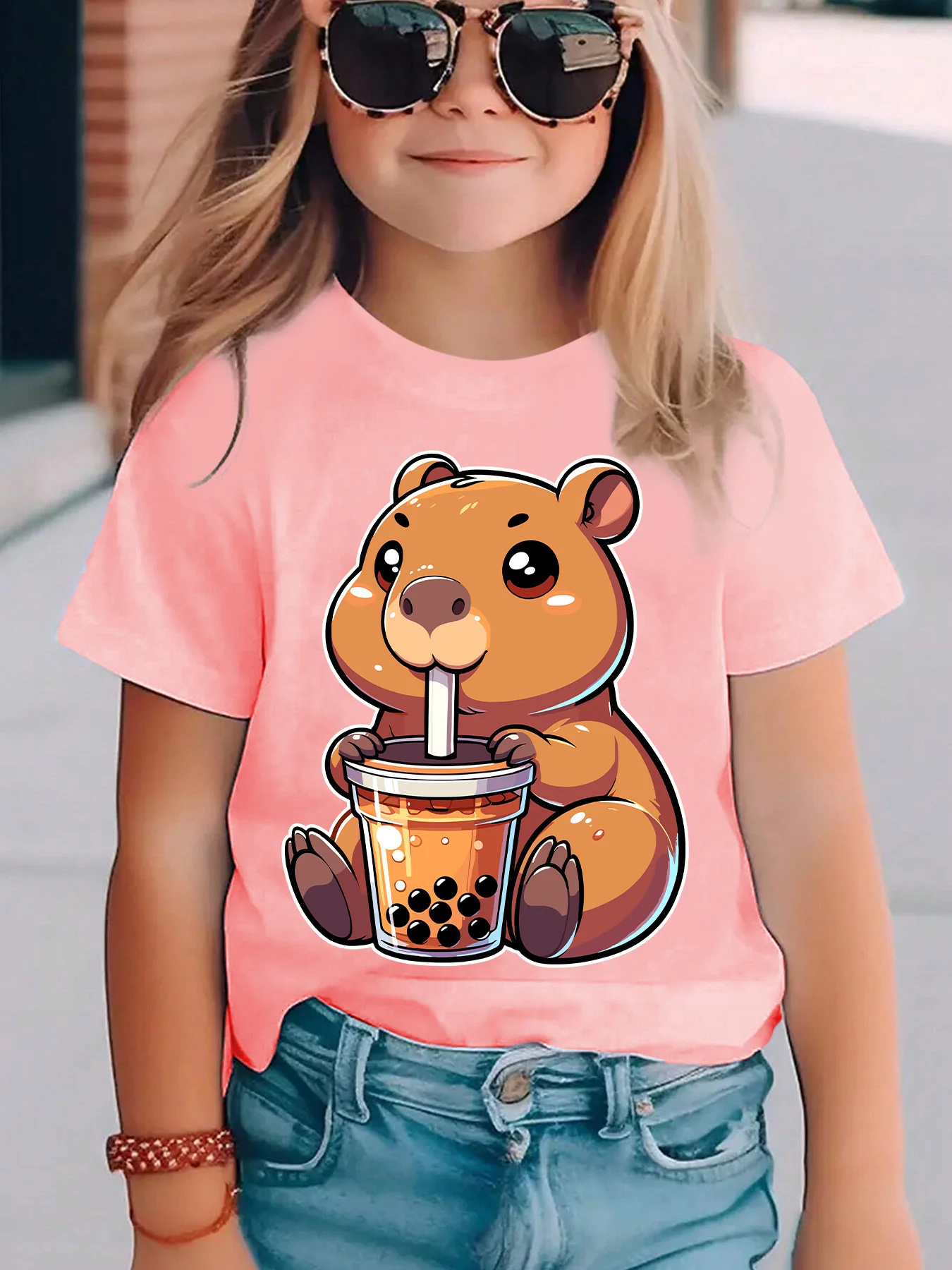 Girls Summer Short Sleeve Tshirt,Cartoon Bear Drinking BubbleTea Print Top,Fashion Casual Versatile Soft Kids Tee For Daily Wear