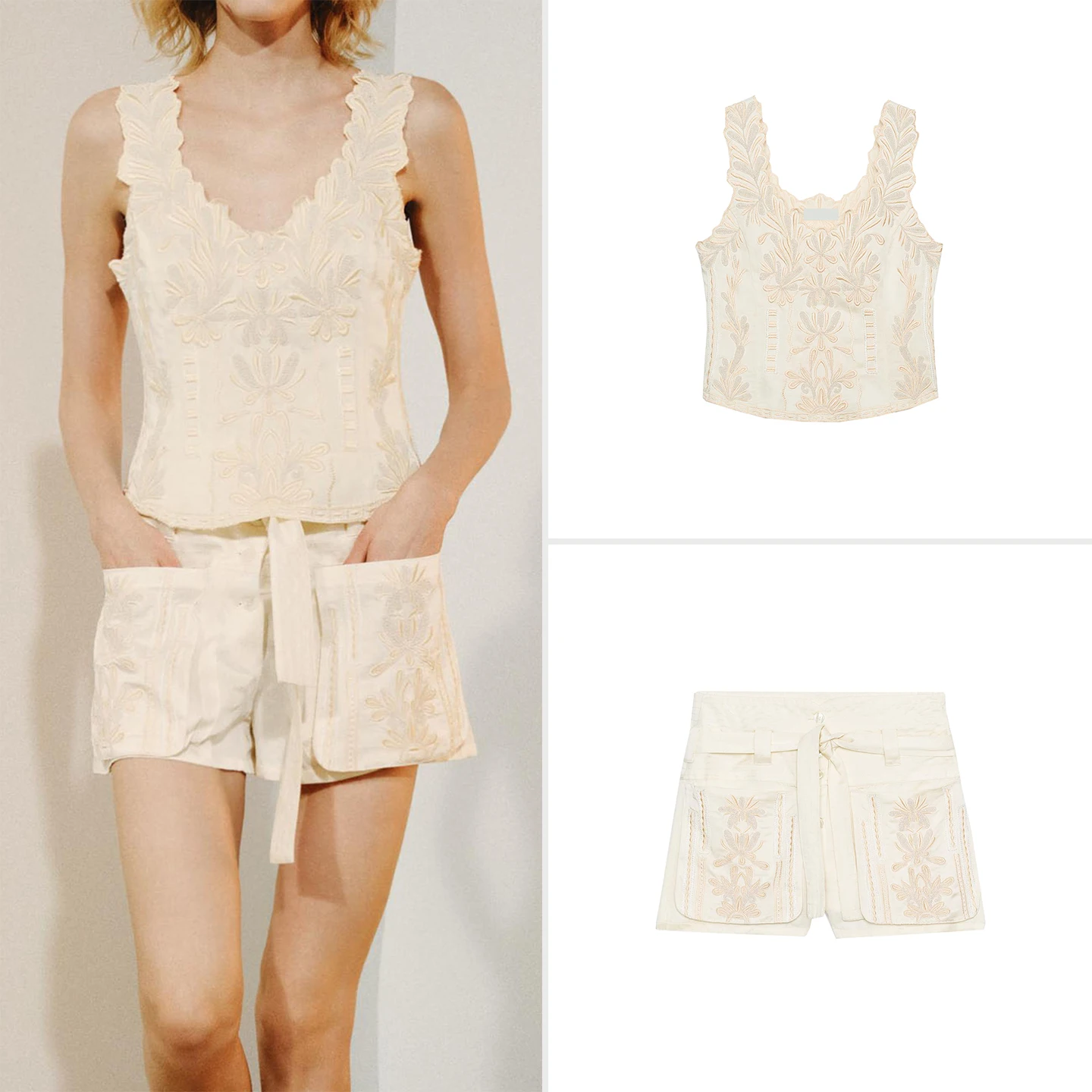 Women's Summer Fashion Set V-neck Sleeveless Embroidery Top And Casual Shorts Color Block Design Comfortable Breathable