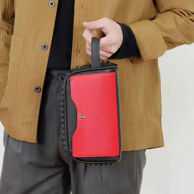 Men Clutch Bag Fashion Personalized Rivet Design HighQuality Leather Waterproof Wallet Versatile Contrast Color Simple ZipperBag