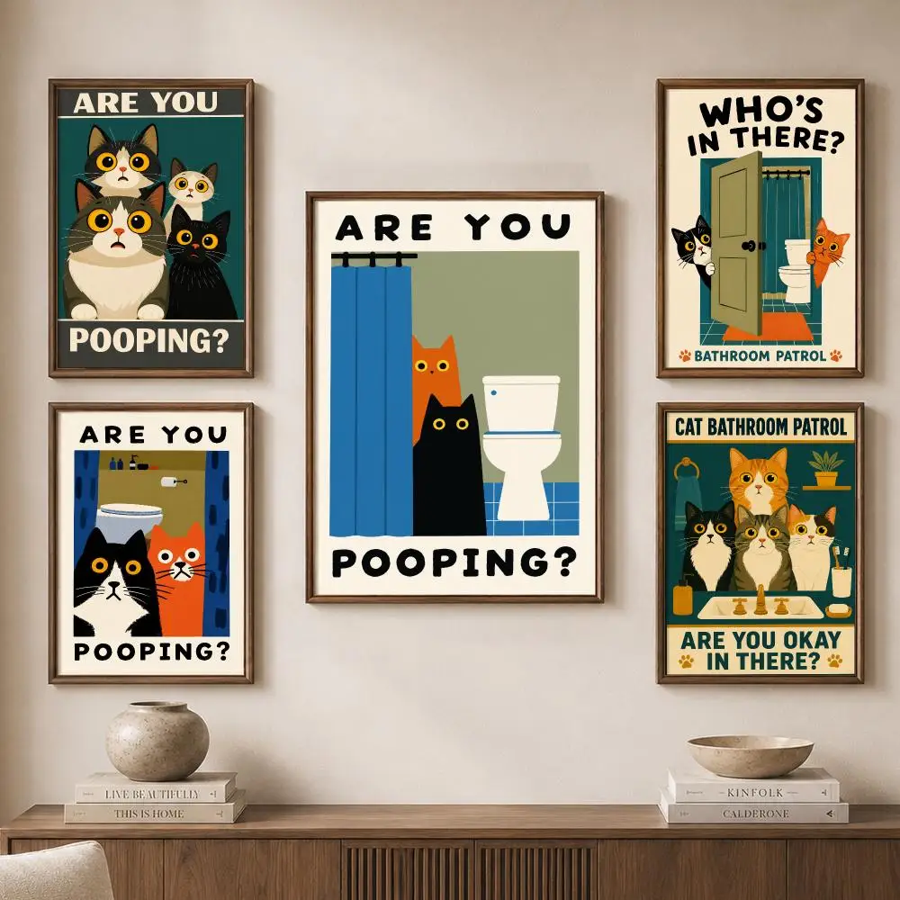 Funny Cats Bathroom Privacy Toilet Humor Retro Quotes Comedy Poster Modern Aesthetic Wall Art for Home Bar Cafe Bathroom Decor
