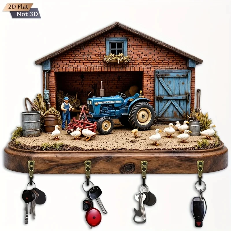 2D Flat. 1pc. Country Farm Tractor Key Hook - Wooden Multi-Functional Decorative Key Holder with Four Metal Hooks, Wall