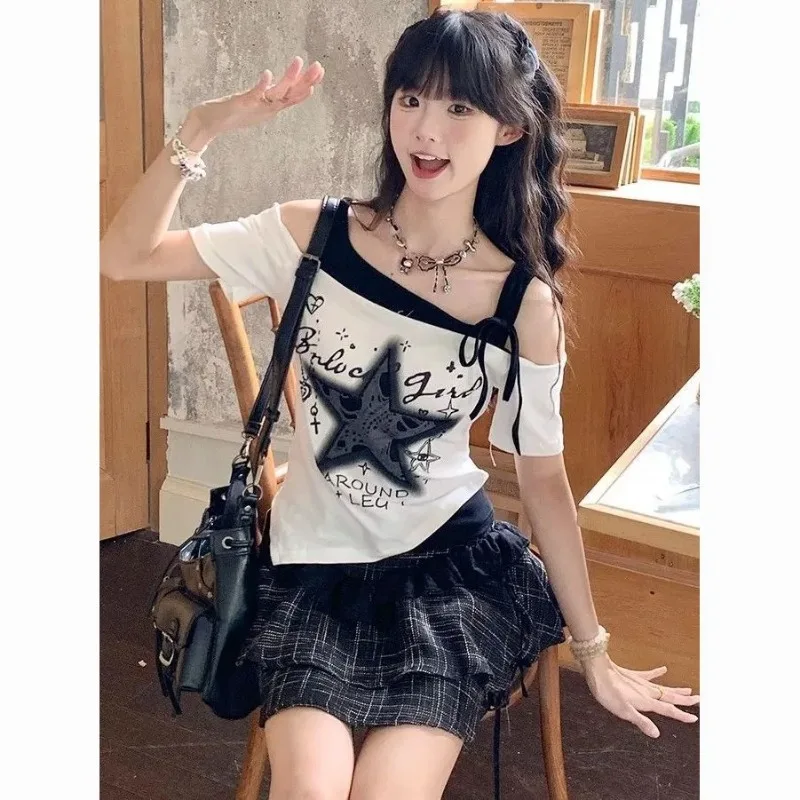 Women's Star Print Off Shoulder T-shirt Fake Two-Piece Slim Fit Summer Tee