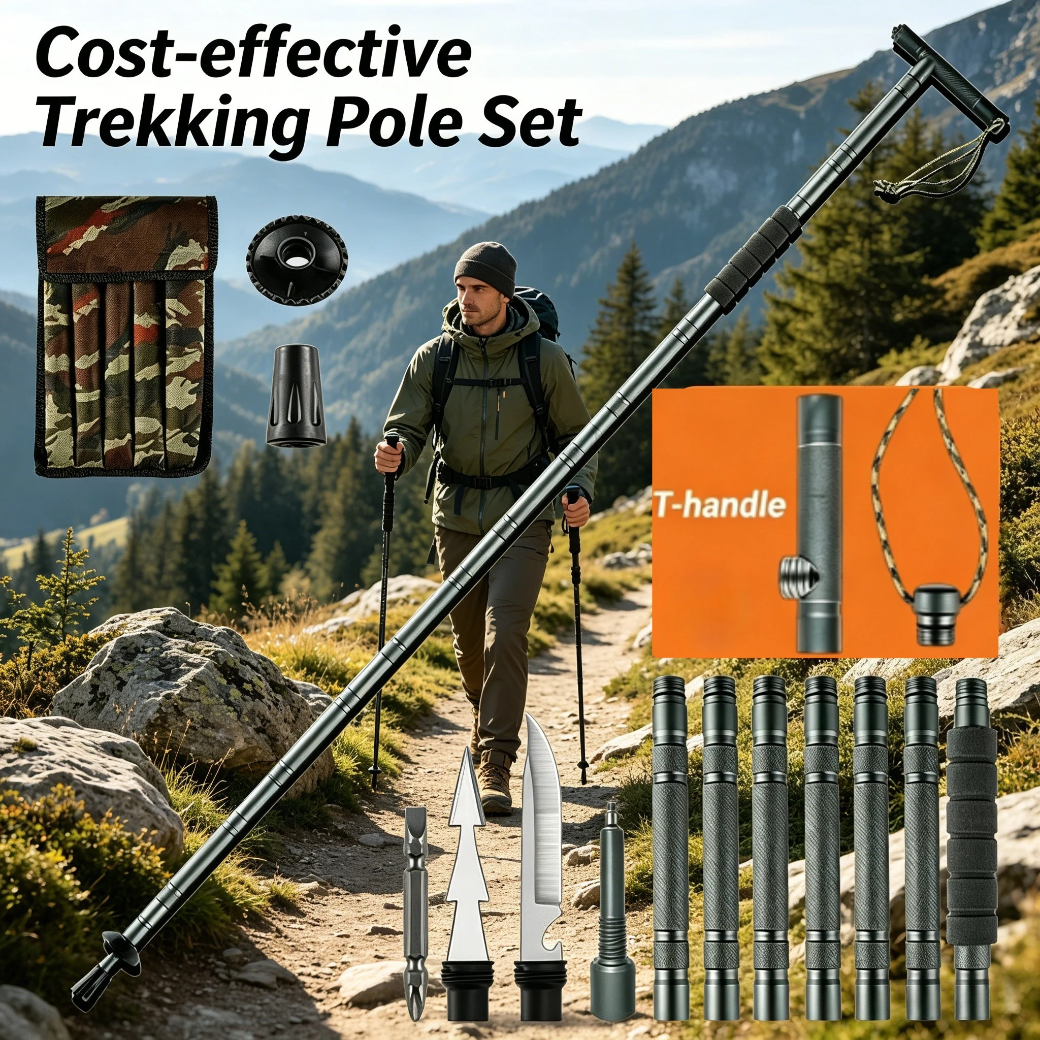 

Folding Trekking Pole Heavy Duty Aluminum Alloy Handle Non-Slip Multi-Function Outdoor Hiking Walking Stick for Camping