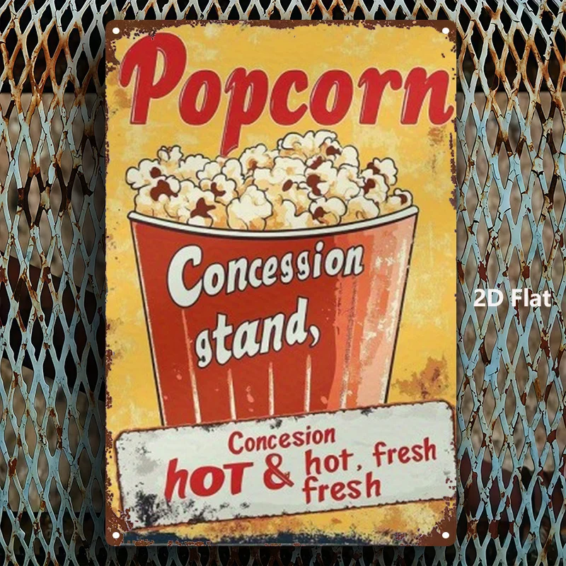 Vintage Popcorn Stand Metal Sign 2D Flat Iron Plaque 8x12 Inch Funny Wall Art Decor Gift for Home Office