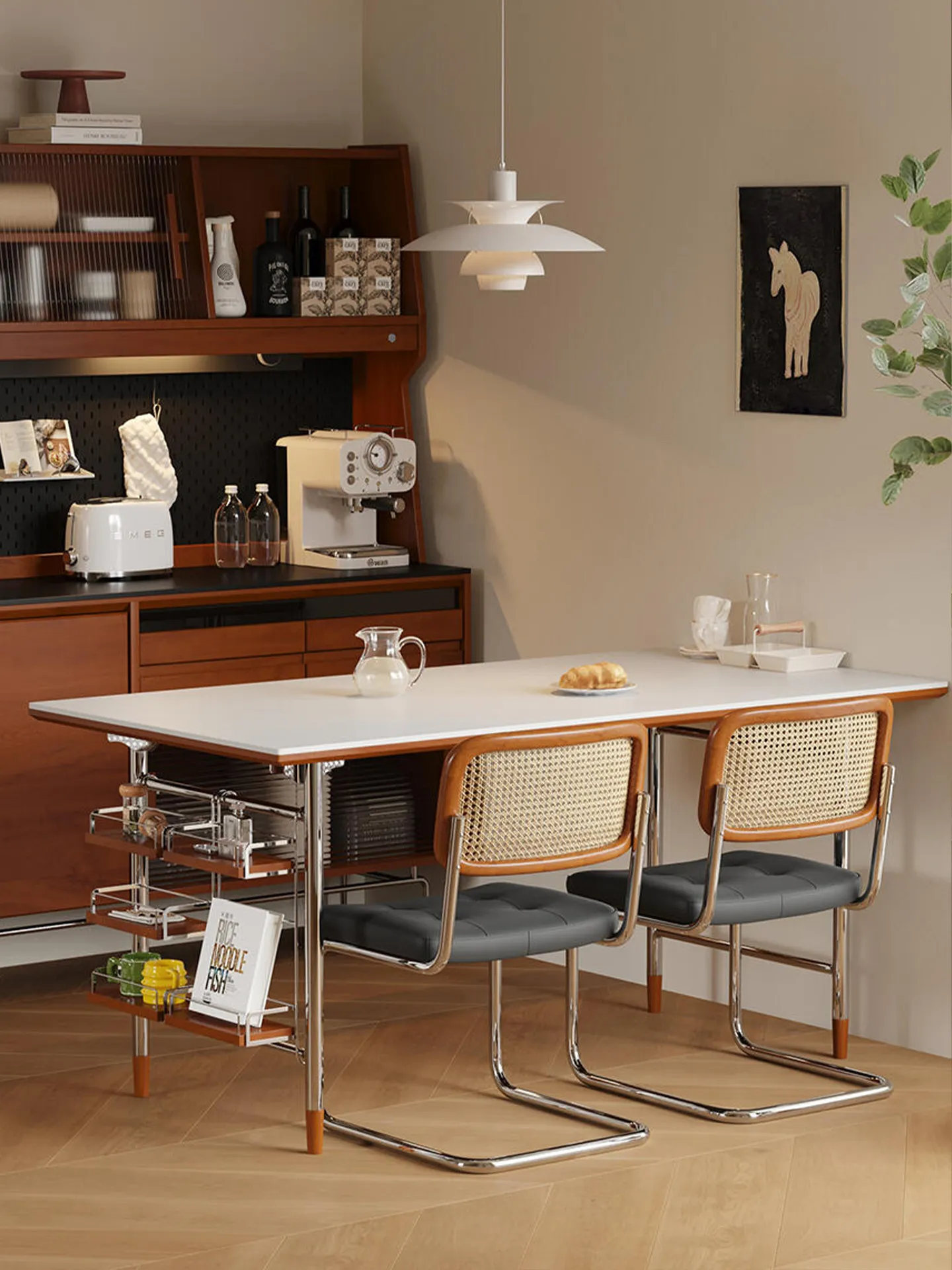 Medieval Bauhaus rock slab dining table rectangular small apartment household solid wood stainless steel white dining