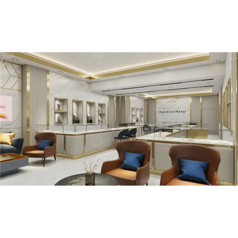 custom.Bespoke Led Lighting Gold Stainless Steel Decor Wooden Jewelry Display Cabinet Linear Jewelry Showcase Counter