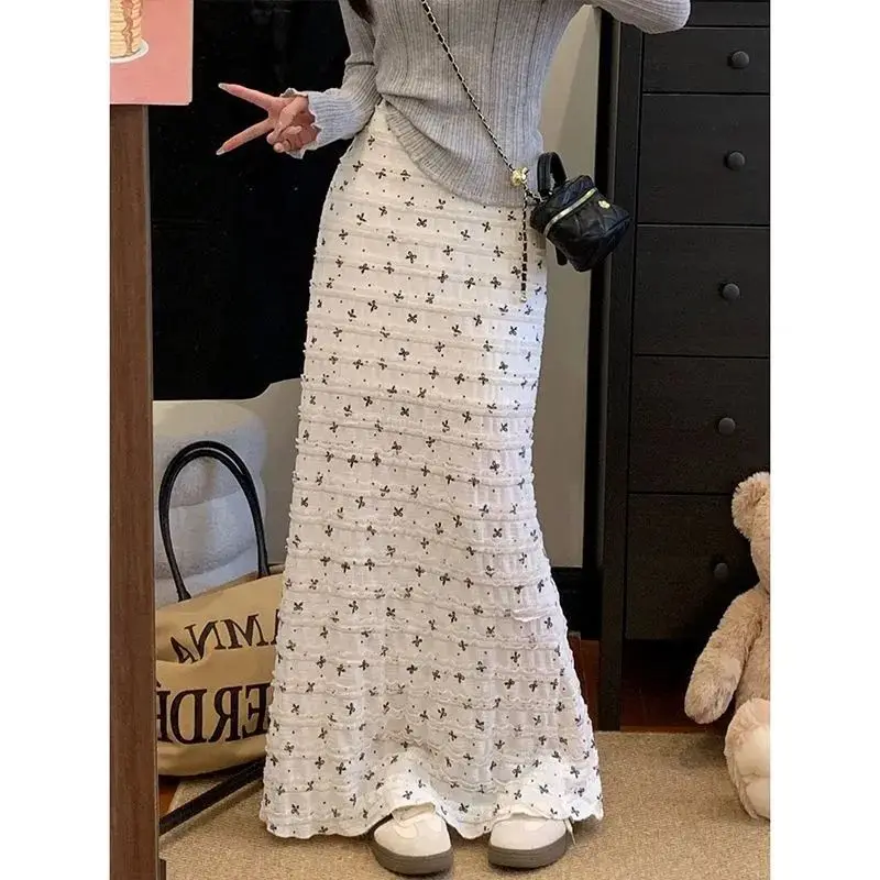 Summer Vacation Style Bow Print Lace Hollow Floral Fishtail Midi Skirt Slim Pure Long Dress