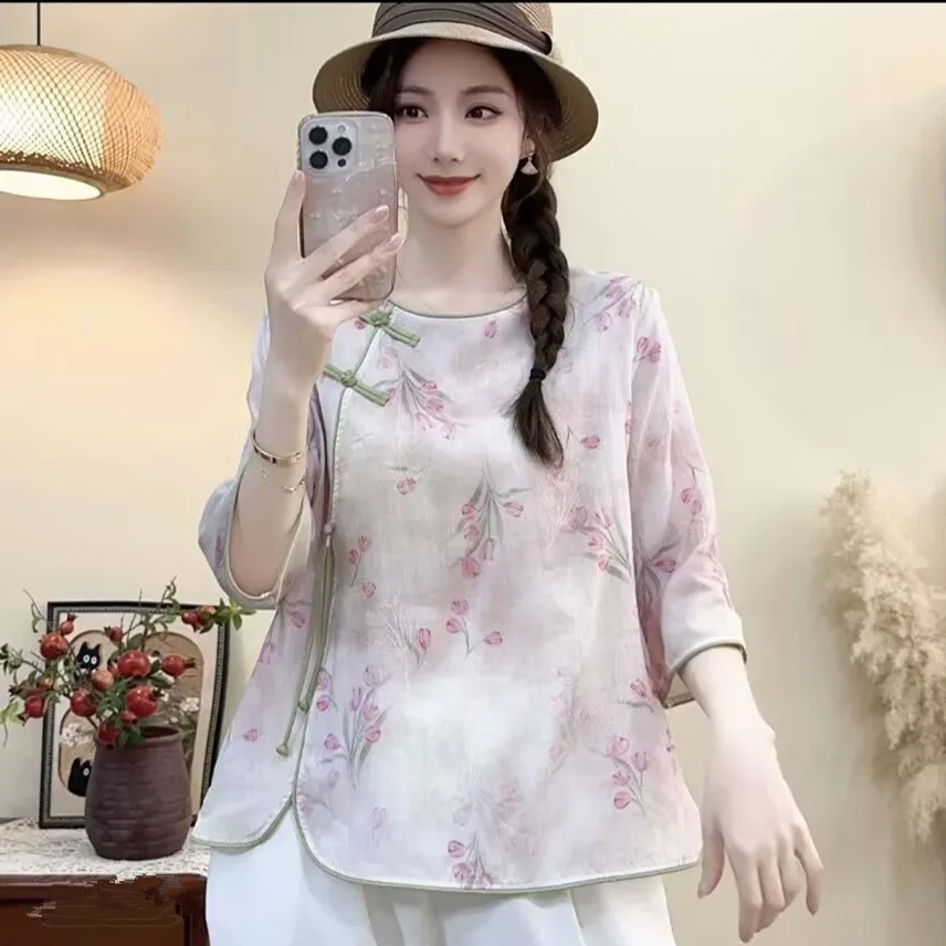 

Loose Printed Shirt Women's Lazy Style Large Size Spring Summer New Chinese Style Button up Coat Breathable Comfortable Casual