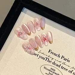 Handmade Press on Nails Shiny Cat Eye Fake Nails with Pink Flower Pearl Design Wearable Full Cover Fashion Almond False Nails