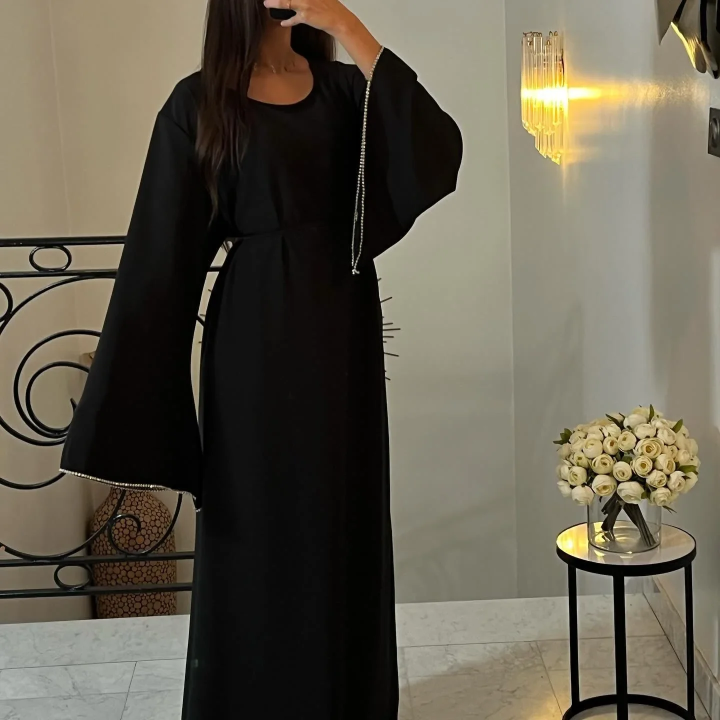 Dubai Abaya Elegance Islamic Clothing Dress for Women Turkey Arabic Muslim Dress Women Cuff Diamond Robe Musulmane Femme Vestido