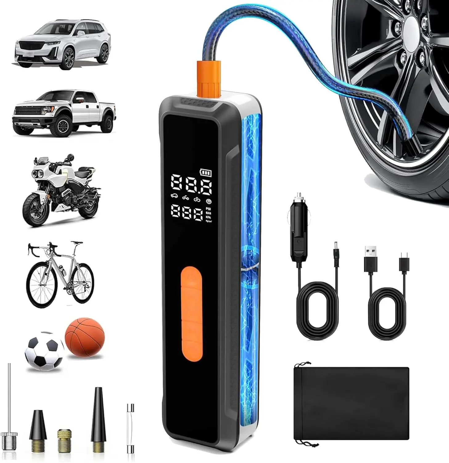 

Portable Tire Inflator, 150 PSI, Digital Gauge, Li-ion Battery, 12V/24V DC, Quick Inflate for Car, Bike, Motorcycle