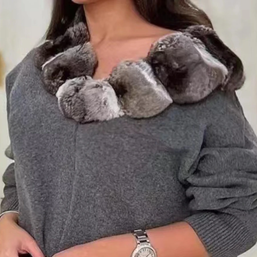 Suéter de cachemira para mujer, chaqueta de piel de lana auténtica a la moda con cuello de piel de conejo Rex Natural para invierno