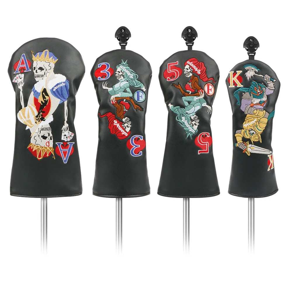 Golf Wood Headcover Poker Elements Driver, 3/5# Fairway, and Hybrid, Unisex, PU Leather Material, Black Golf Headcover