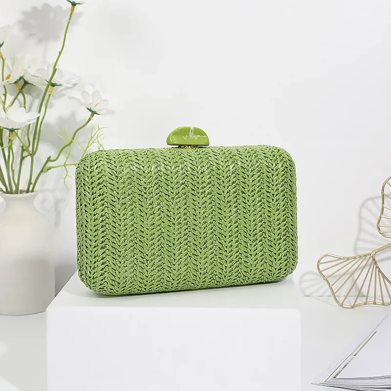 Simple Design Banquet Woven Bag Formal Dress Matching Crossbody Hand Bags Evening Bag Straw Green Beige Color Silver Clutch