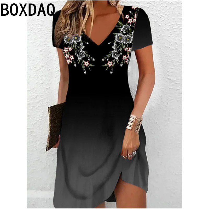 3D Print Vintage Elegant Dress Women Short Sleeve Casual Loose A-Line Dress Big Size 5XL 6XL Gradual Dress Vestidos De Mujer