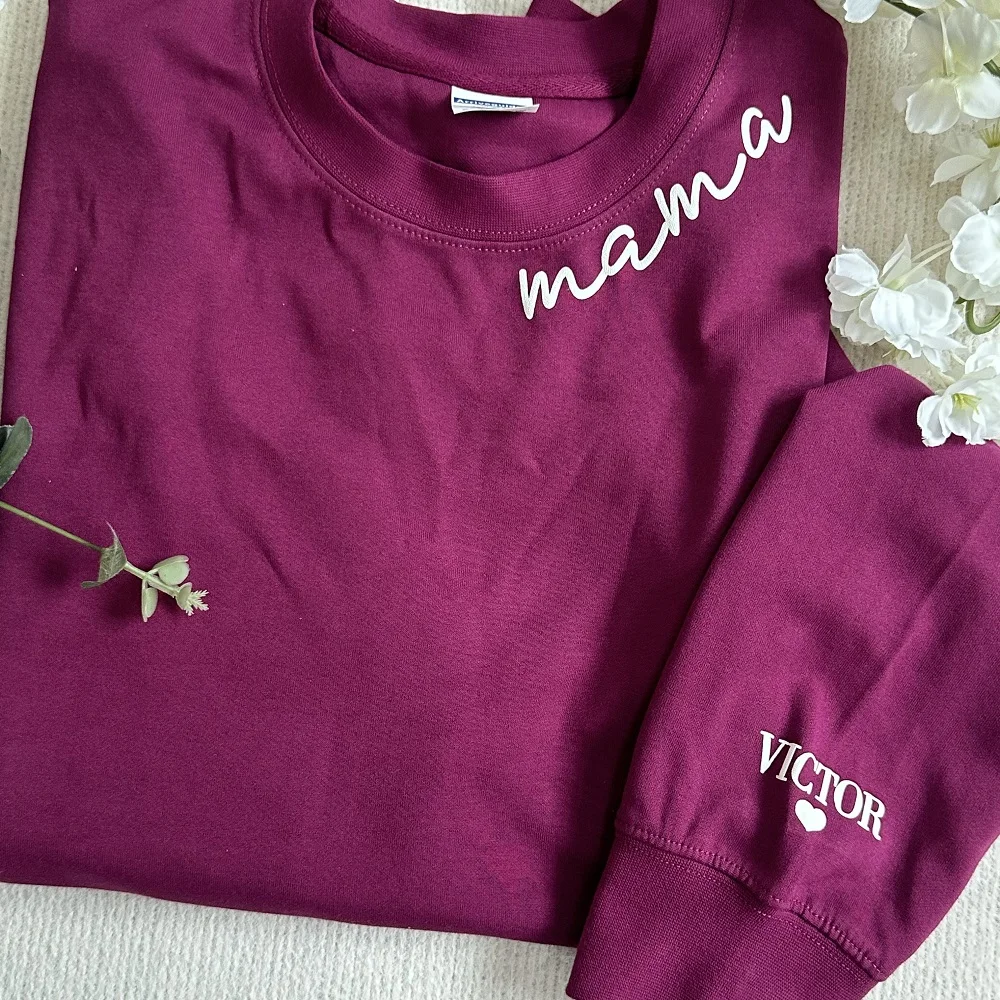 Personalized Rose Mama Sweatshirt with Kid Names on Sleeve Minimalist Neckline Sweater Mothers Day Gift New Mom Birthday Gift