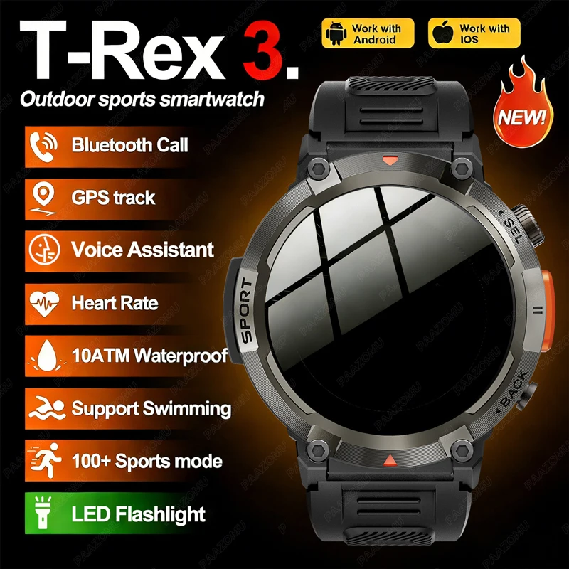 

Новые прочные военные смарт-часы 2026 года для мужчин, водонепроницаемые (5ATM), с LED-фонариком, 100+ спортивных режимов, Bluetooth-вызовы, для Android и iOS