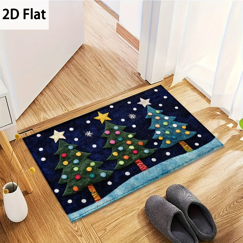 VIKAMA Xmas Entrance Mat Colorful Christmas Tree Snow Star Print Anti‑Slip Floor Mat For Doorway Hallway Home Decor