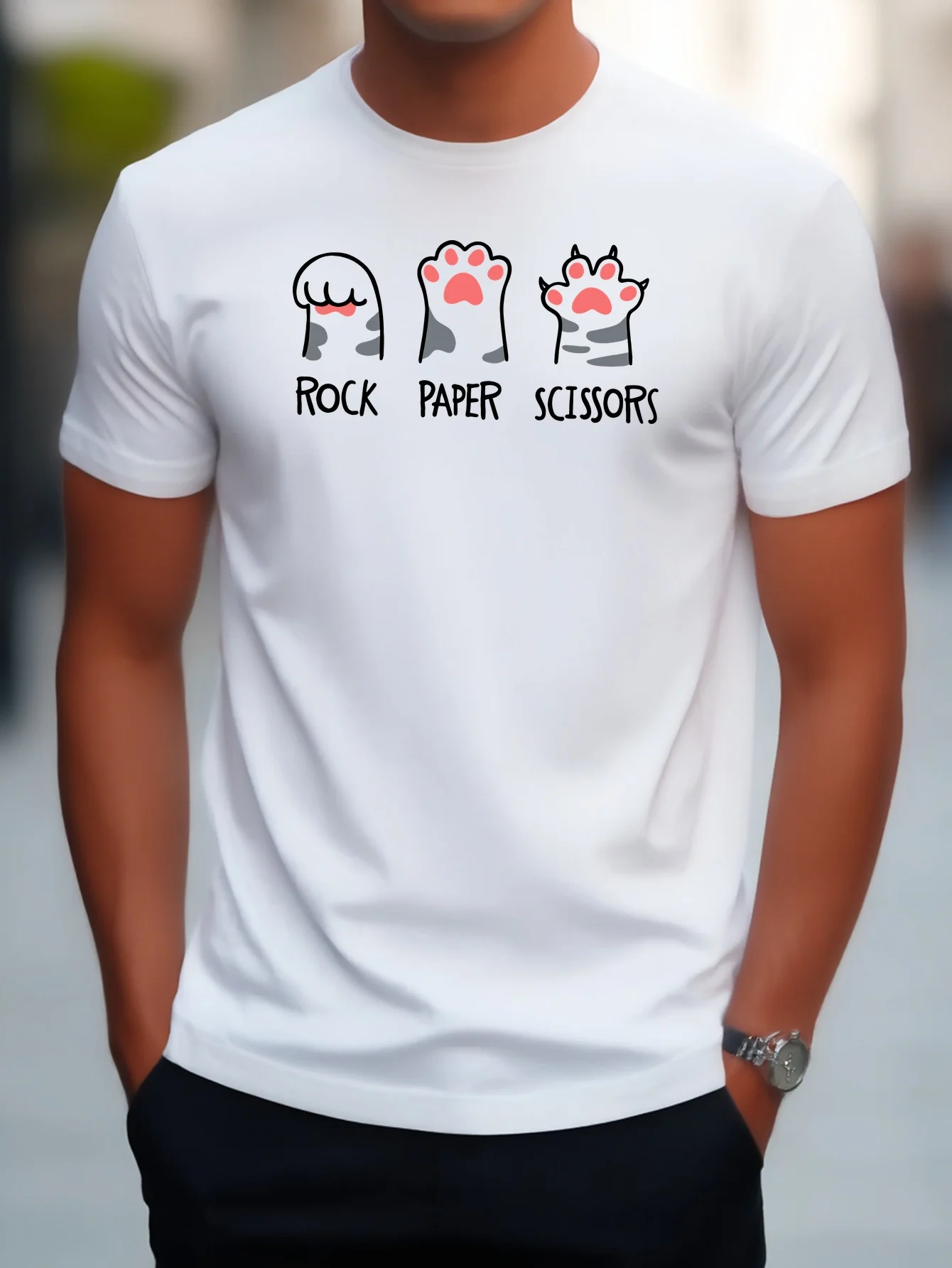 Men Cotton Tee Cat Paw Rock Paper Scissors Graphic Short Sleeve Crew Neck Summer T Shirt For Cat Lovers Daily Casual Street Tops
