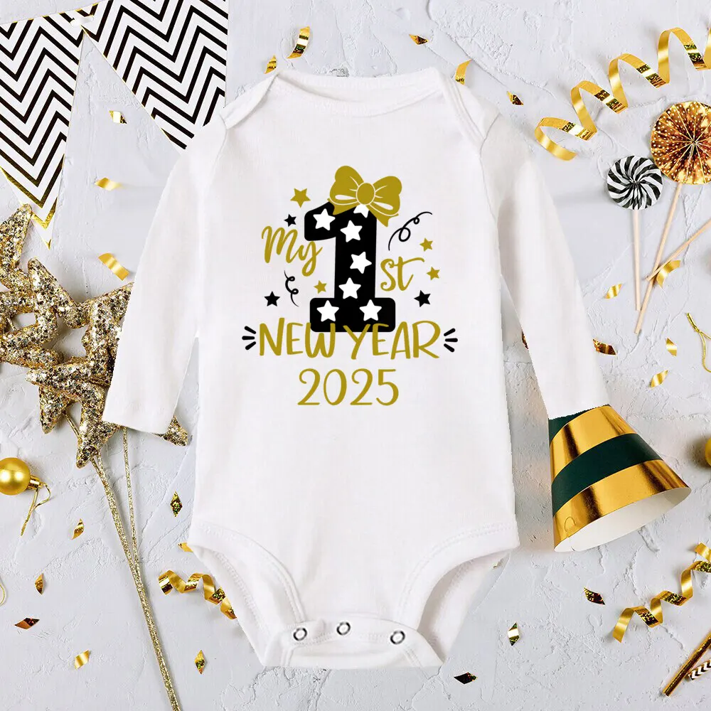 My First New Year 2025 Baby Bodysuit Infant Romper New Year Baby Gift Toddler Long Sleeve Jumpsuit Clothes Newbron Shower Gifts