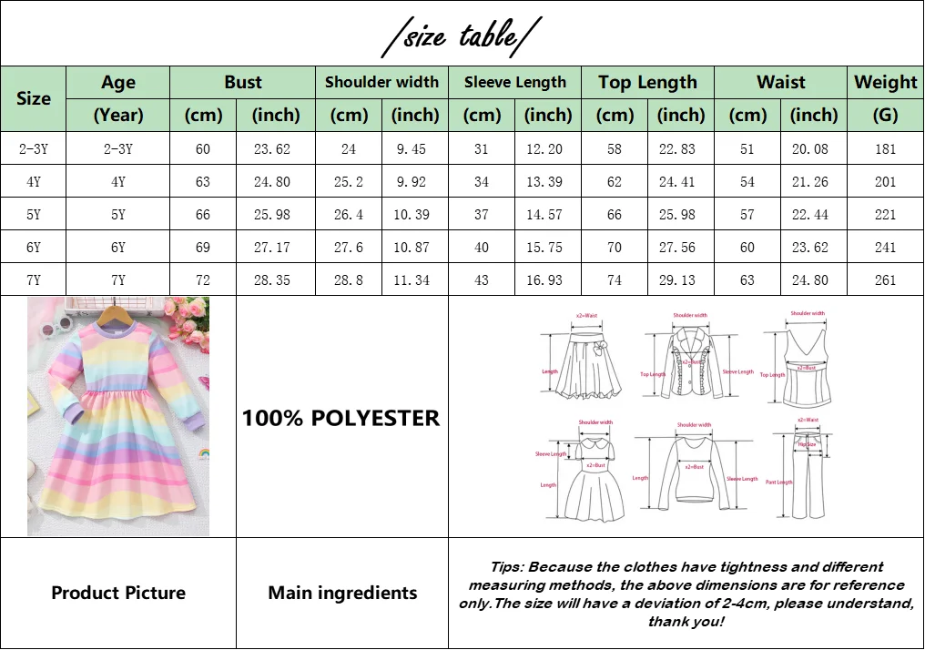 2024 Kids Girls Clothing Spring Summer Long Sleeve Rainbow Solid Color Colorful Children Dress Casual Youth Girls Dress 2-7Y