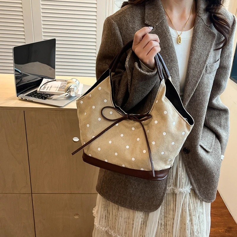 Vintage Polka Dot Suede Shoulder Purse,Classic Hand Held, Drawstring Bow Closure,Large Capacity  Handbag, for Women Underarm Bag