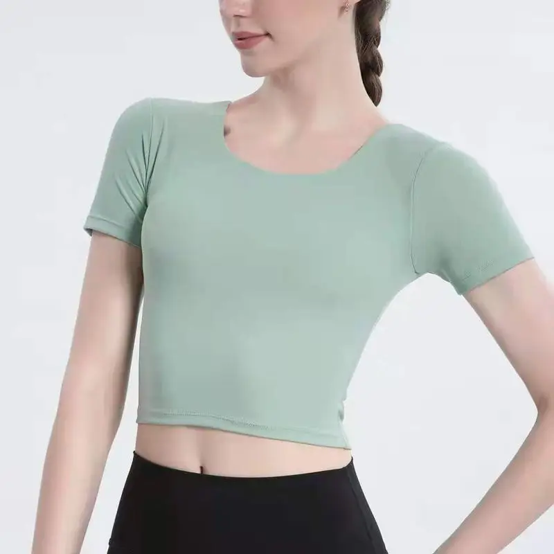 Women Shirt With Chest Pad Thin Quick-Drying New Yoga Wear Sports Short Sleeve Sexy Outerwear Fashionable Fitness Gym Clothing