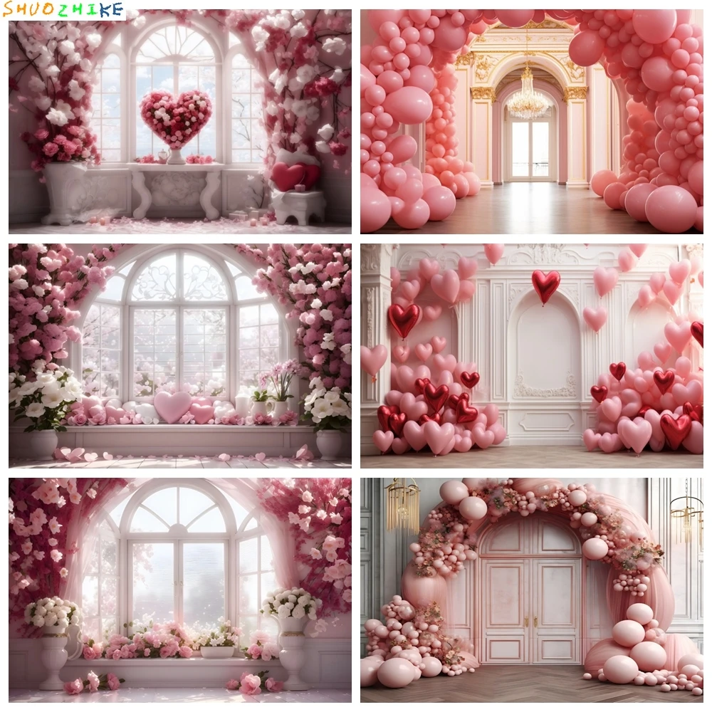 

Valentine's Day Backdrop February 14th Indoor Window Flowers Proposal Scene Bridal Shower Photo Background for Photography Props
