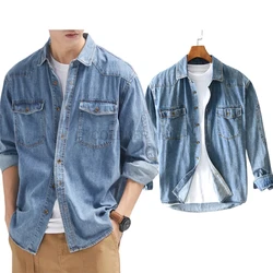 2024 New Cotton Men's Denim Shirt Long Sleeve Black Blue Drop Shoulder Button Pockets Cowboy Costume Korean Fashion Jeans Shirts