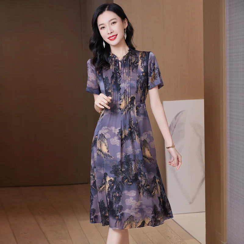 23028 Silk Dress 2024 New Advanced Ink PaintingRetro Silk Slimming Youthful-Looking Midi Dress