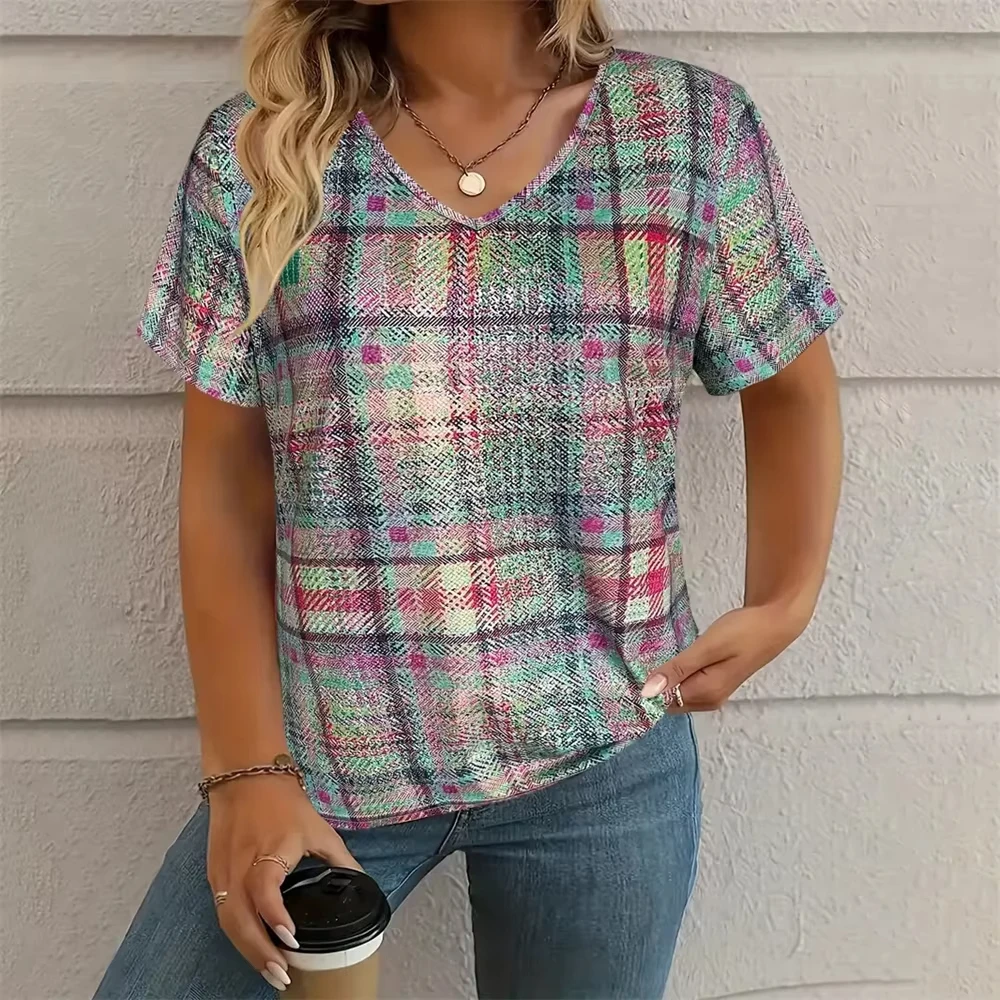 

Women's T-Shirt Striped Minimally Printed Summer V-Neck Short Sleeve Topsoutdoor T-Shirt Casual Oversized Clothing Street Shirts