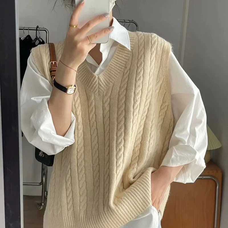 

Vest Solid Color Sleeveless Loose Preppy Style Pullover Waistcoat Woman Casual Out Wear Knitted Jumper Vest Women V-Neck Sweater