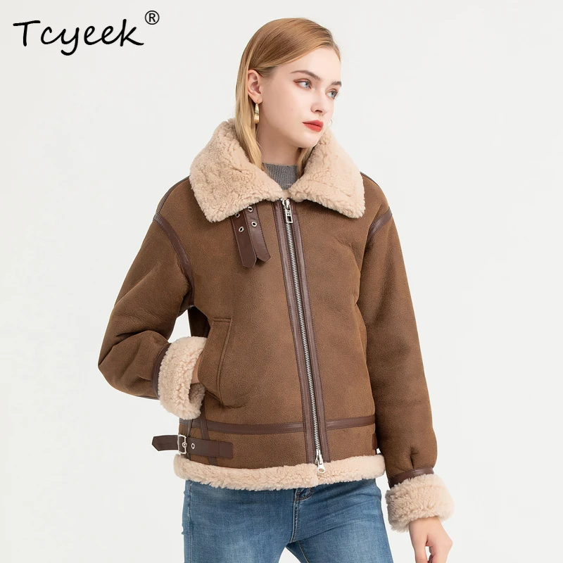 Tcyeek Genuine Sheepskin Autumn Winter High End Trendy Short Square Collar Women's Wool Shearing Fur Coat Fourrures Femme