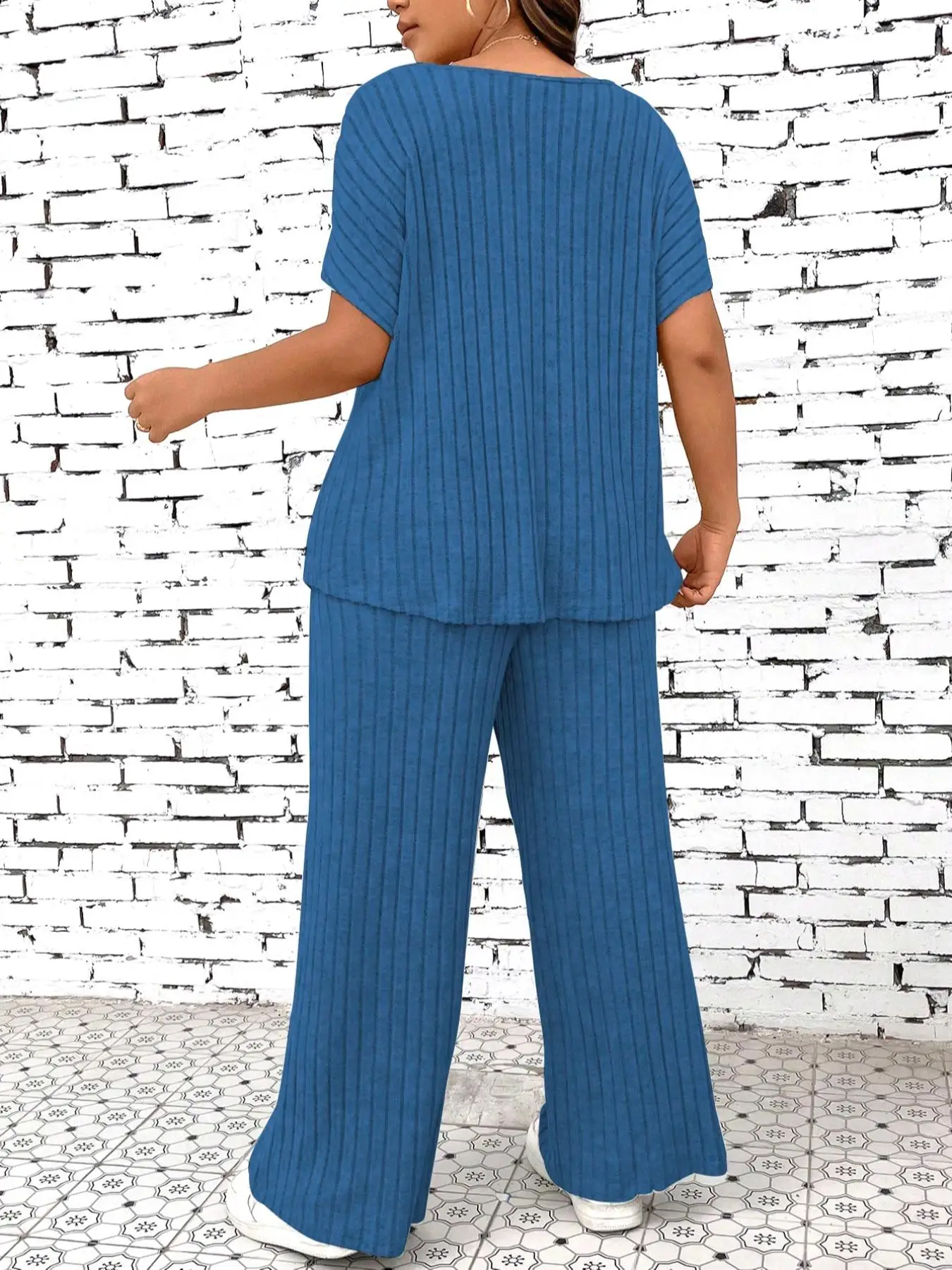 【Plus Size】 Two-Piece Set Solid Ribbed Top & Wide Leg Pants Set, Casual Fashion Cozy Top & Trousers for Daily Outdoor Wear