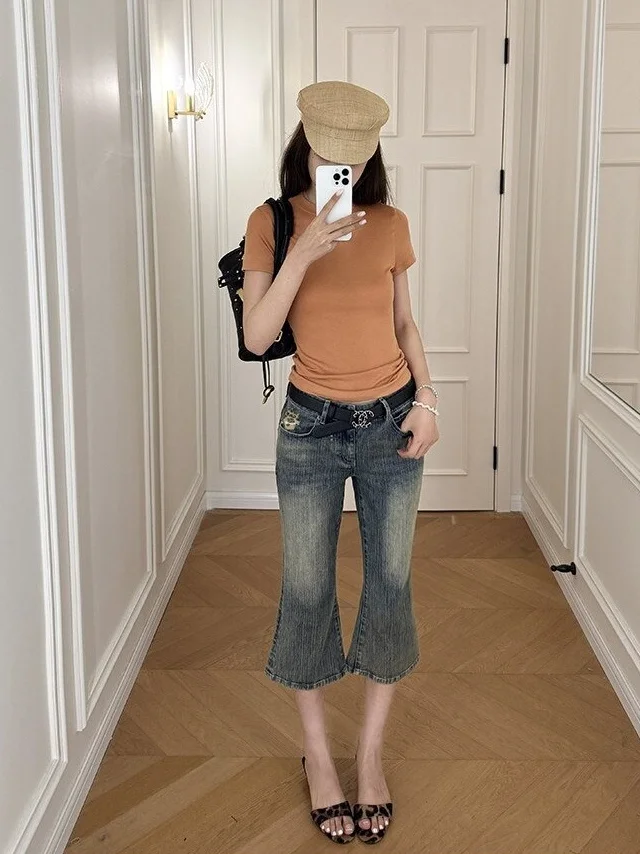 

Retro American Washed Denim Cut-Offs Low Waist Slimming Women's Jeans Casual Summer Shorts Bell Bottoms Distressed Fashion
