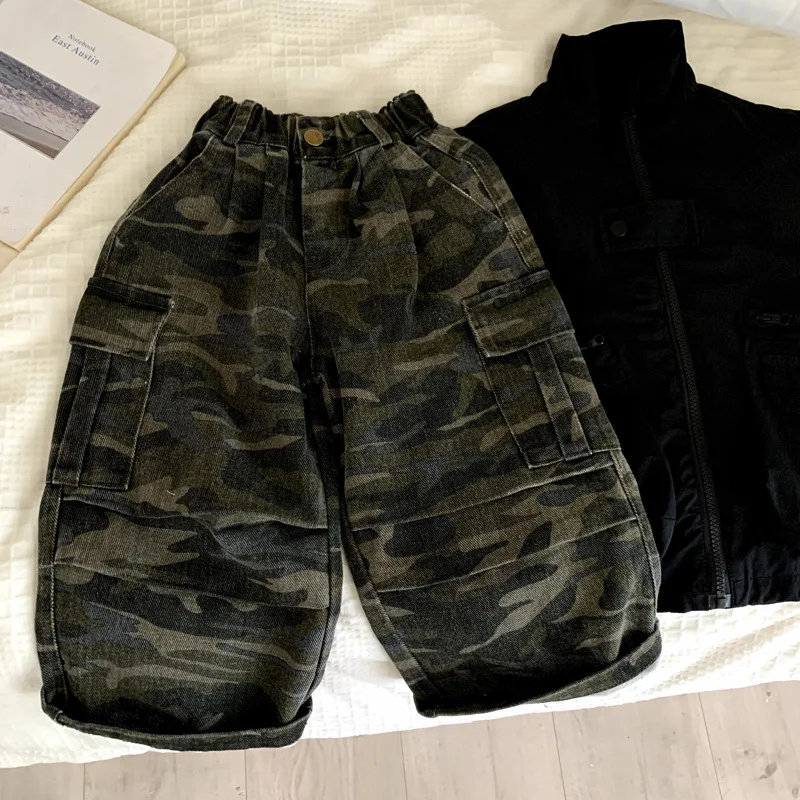 

Boys Pant 2025 Autumn Spring Vintage Camouflage Multi-Pocket Pleated Loose Straight-Leg Street Fashion Workwear Pants