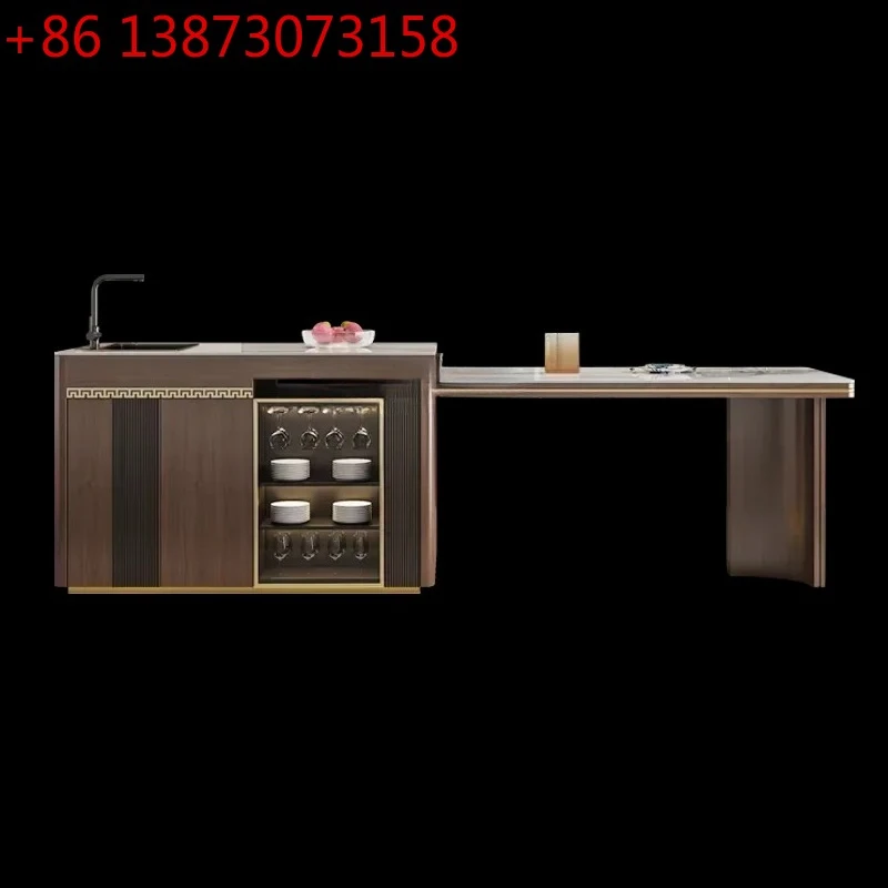 LJY12New Chinese rock slab island dining table integrated retractable New Chinese modern simple solid wood dining bar