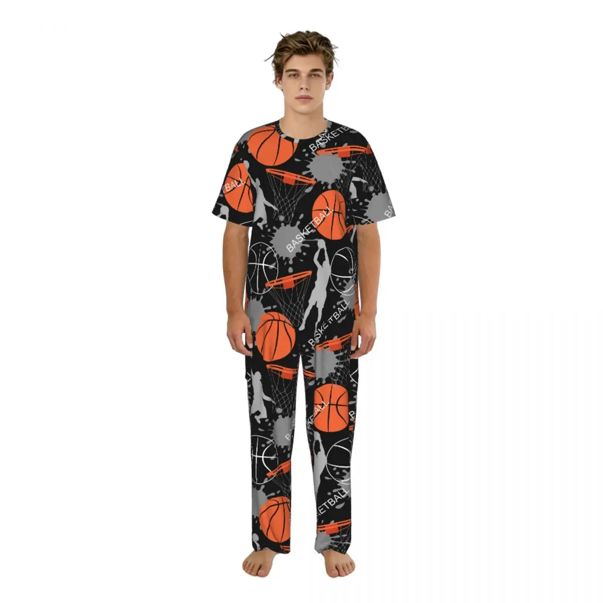 Men's Pajamas Set Summer Short-Sleeve Tops + Long Pants Nightwear Home Wear Suits Basketball Sports Basket Balls Sleepwear