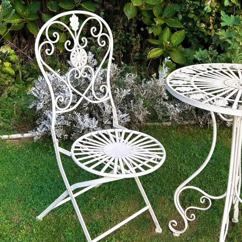 French Vintage Iron Table and Chairs Hollow-out Cafe Garden Chairs Rustic Metal Backrest Seat for Courtyard Ins Patio Furniture image 6