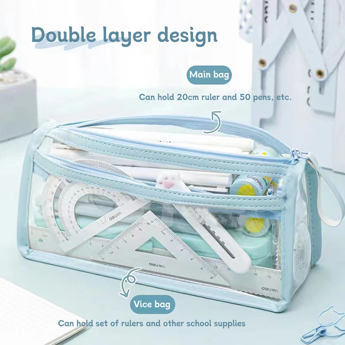 Transparent Double-layer Pencil Case Ins Triangular PVC Zipper Storage Bag Portable Waterproof Stationery School Office Supplies