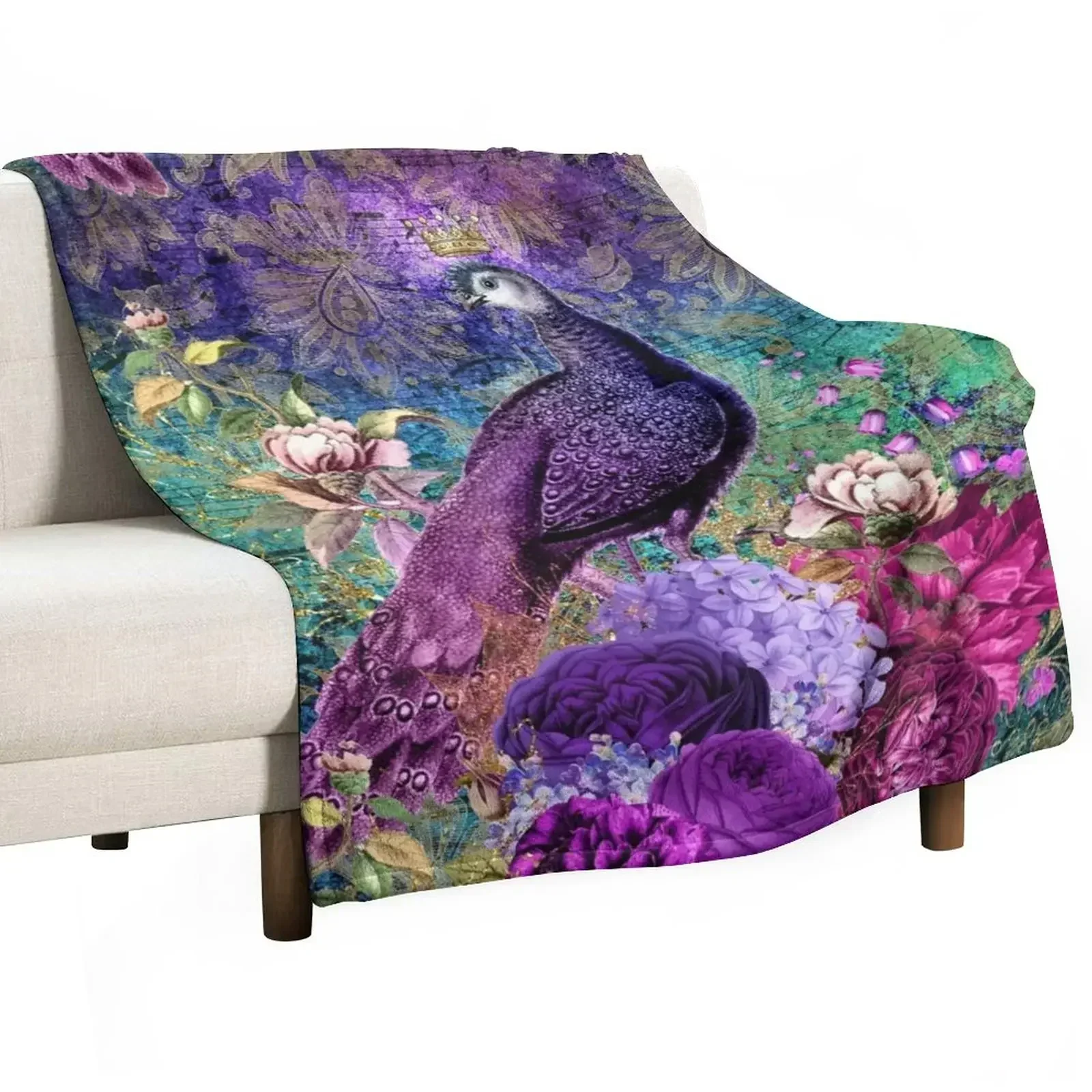 

Elegant Vintage Purple Teal Peacocks Throw Blanket Flannel Decorative Sofa Single Blankets