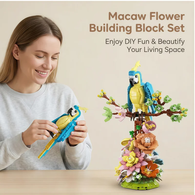 

Creative Macaw Flower Building Block Set, Assembled Animal Model Set, Home Decor Ornament, Gift for Adults