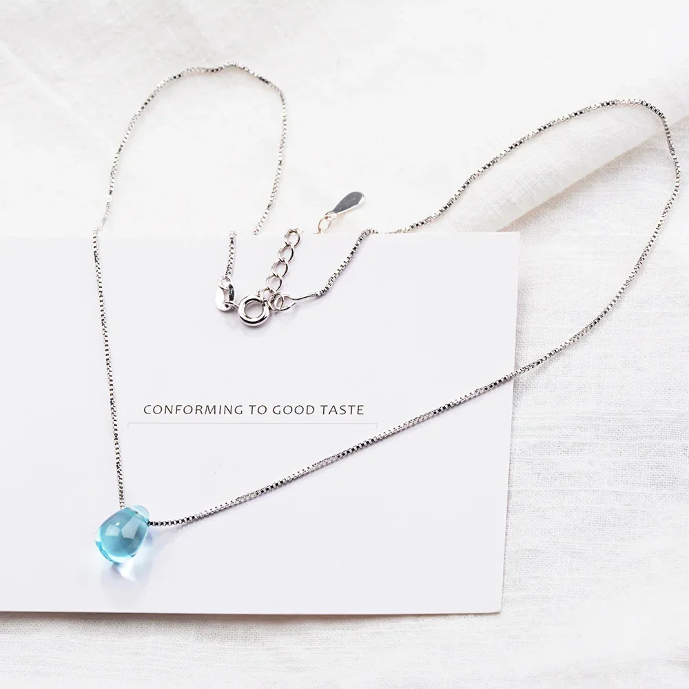 S925 Sterling Silver Women\'s Sapphire Box Chain Pendant Necklace (40cm + 3.5cm) Luxury Jewelry