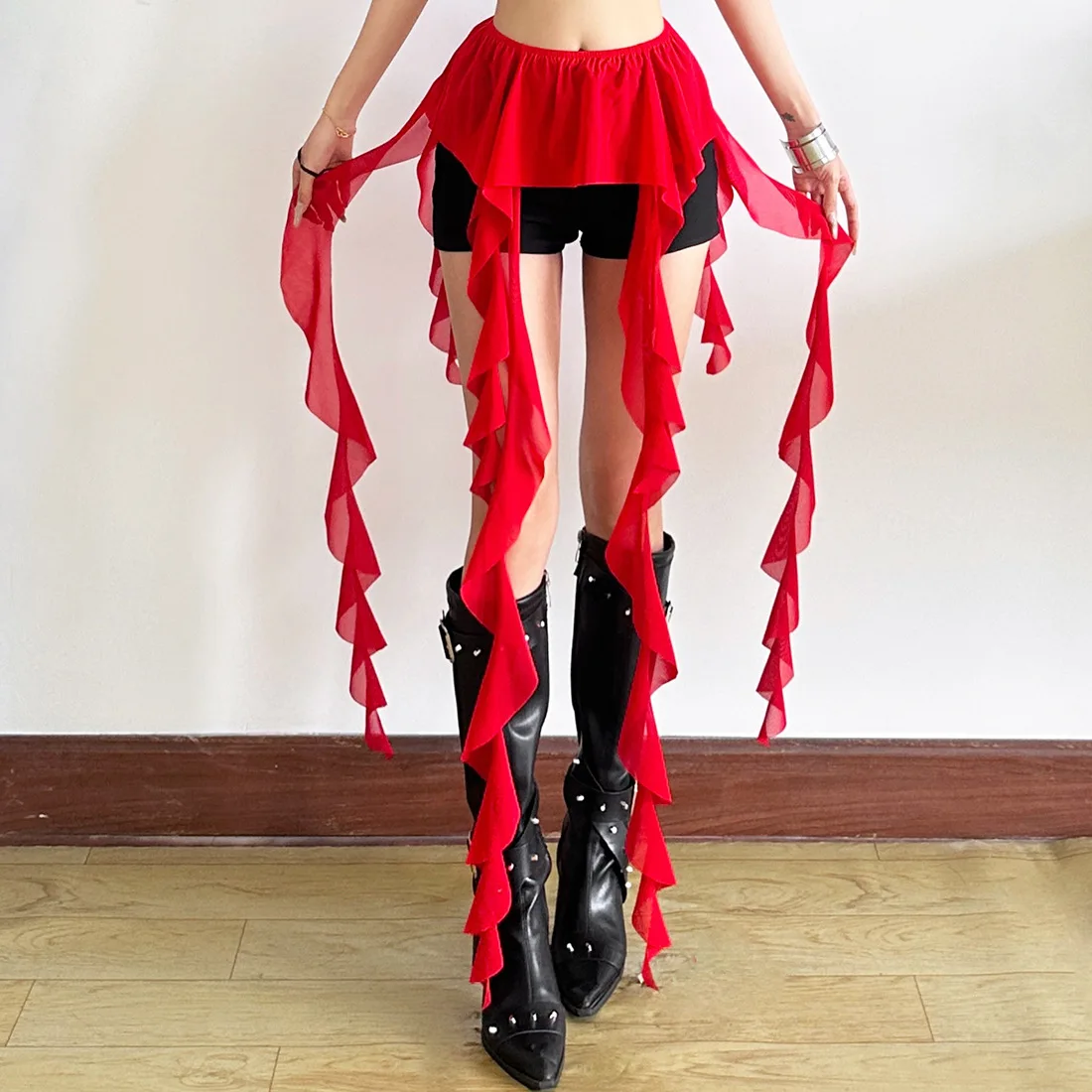 Summer Fashion Y2K Women See Through Irregular Ruffles Belts Long Tassel Streetwear Lace-up Design Waist Apparel Accessories