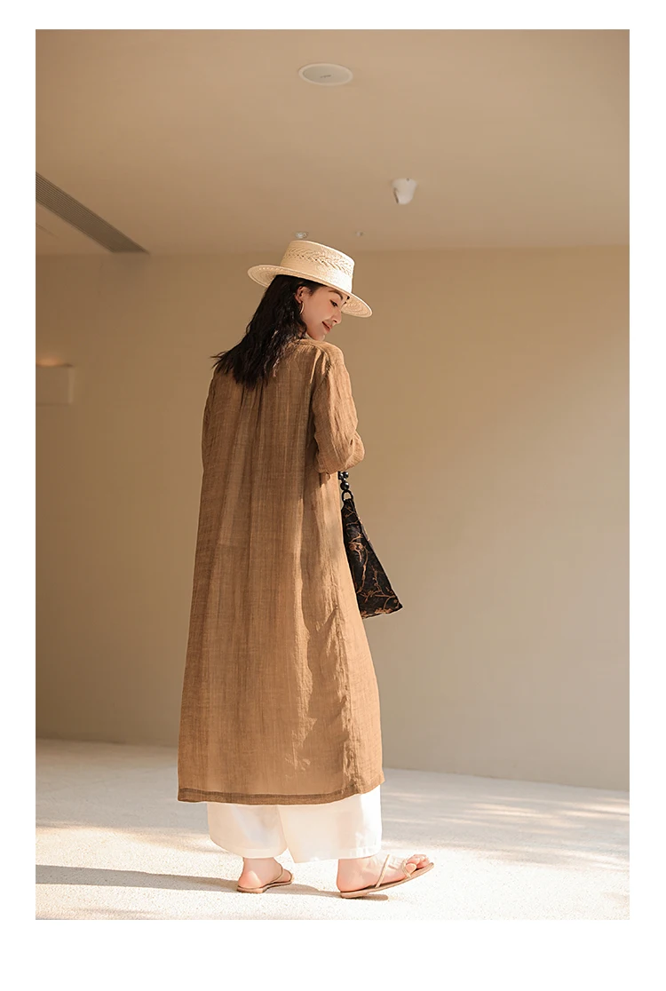 Linen Women's seven-quarter Sleeve dress Shirt style Long brown Casual skirt Outdoor holiday Relaxed comfortable Women clothing