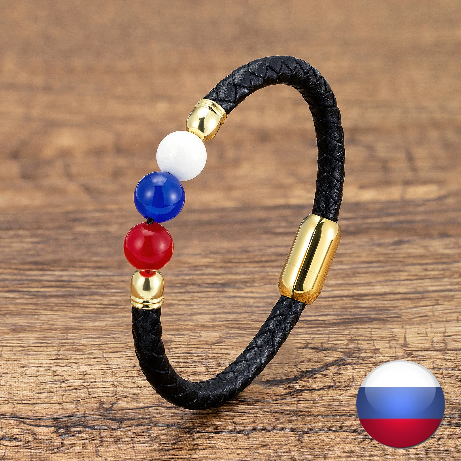 Round Stone Beads Men Women Russia Spain Germany France Italy National Flag Woven Genuine Leather Bracelets Handmade Jewelry