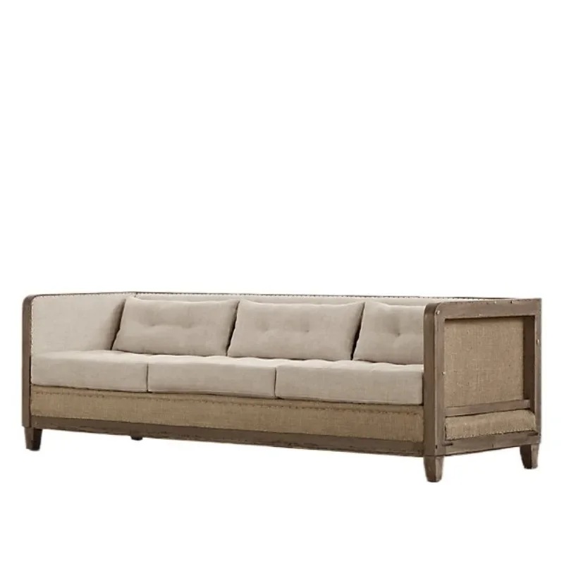

American simple furniture, American rural retro solid wood linen fabric sofa, British classical solid wood