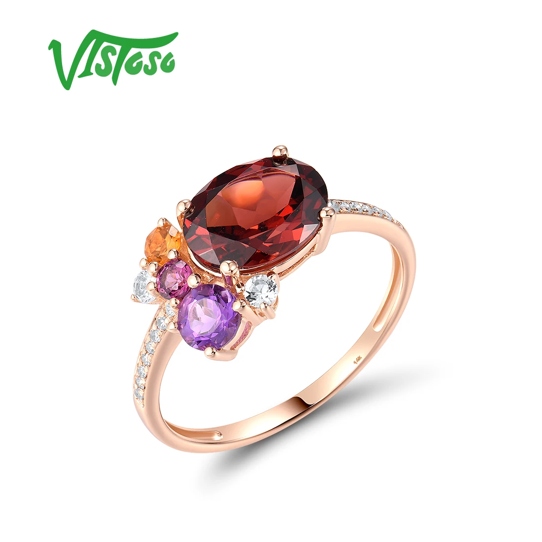 VISTOSO Genuine 14K 585 Yellow Rose Gold Ring For Women Sparkling Period Garnet Colorful Gems Wedding Anniversary Fine Jewelry
