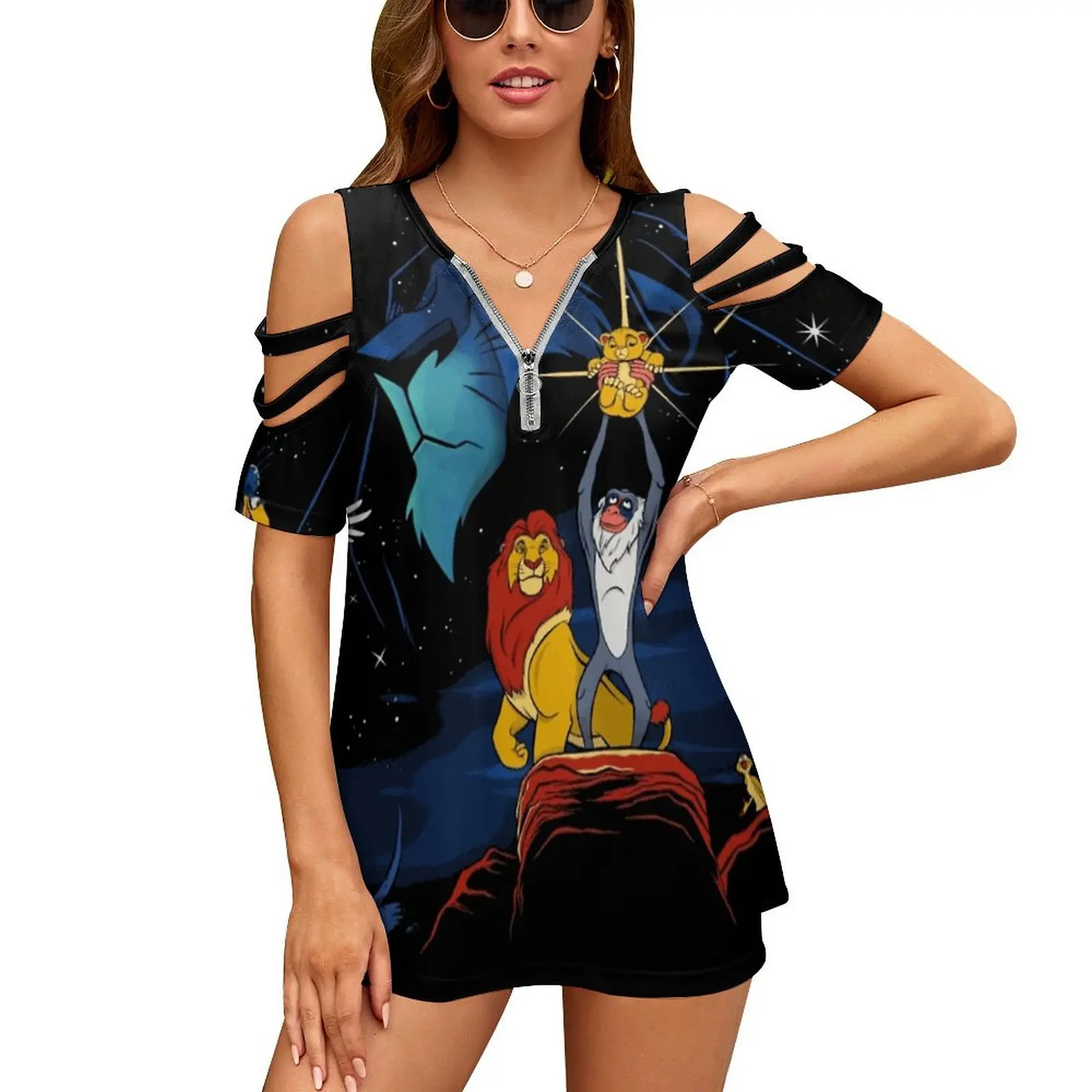 Lion Wars Women's T-Shirt Summer Fashion Print Floral V-Neck Zipper Tshirt Hollow Pullover Ladies Top Lion King The Lion King